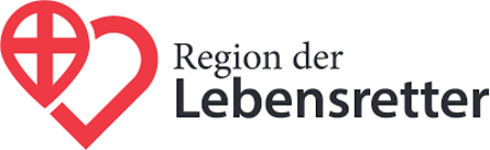 Der Schriftzug "Region der Lebensretter" neben einem stilisierten Herz mit einer Ortsmarkierung